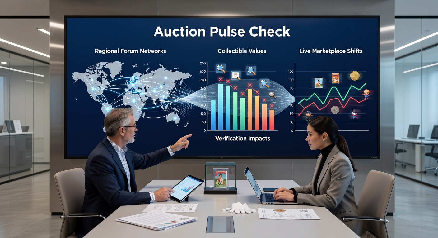 Regional collectors discussing verification processes on online forums while monitoring live auction data for graded collectibles