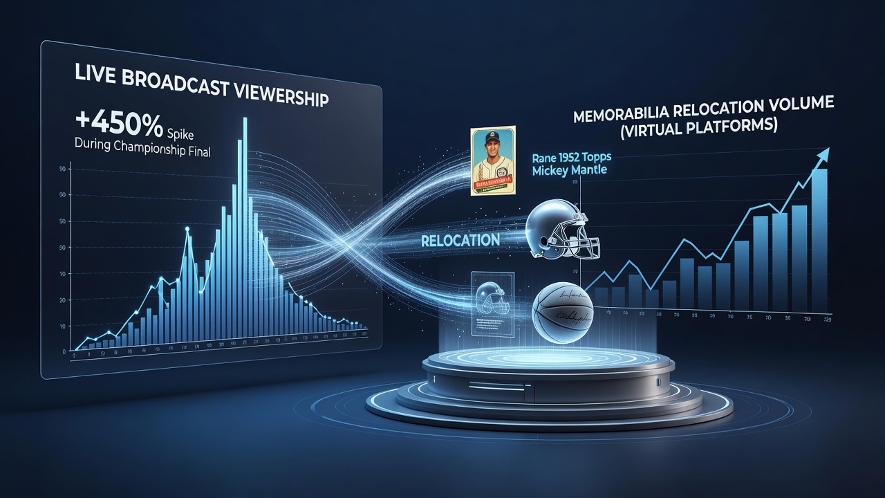 Sports broadcast viewership data displayed on multiple screens with memorabilia trading interfaces visible in the background
