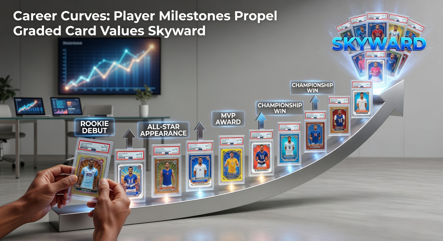 A highly graded rookie card of a star athlete surges in value following a career milestone achievement, overlaid with an upward-trending auction price graph
