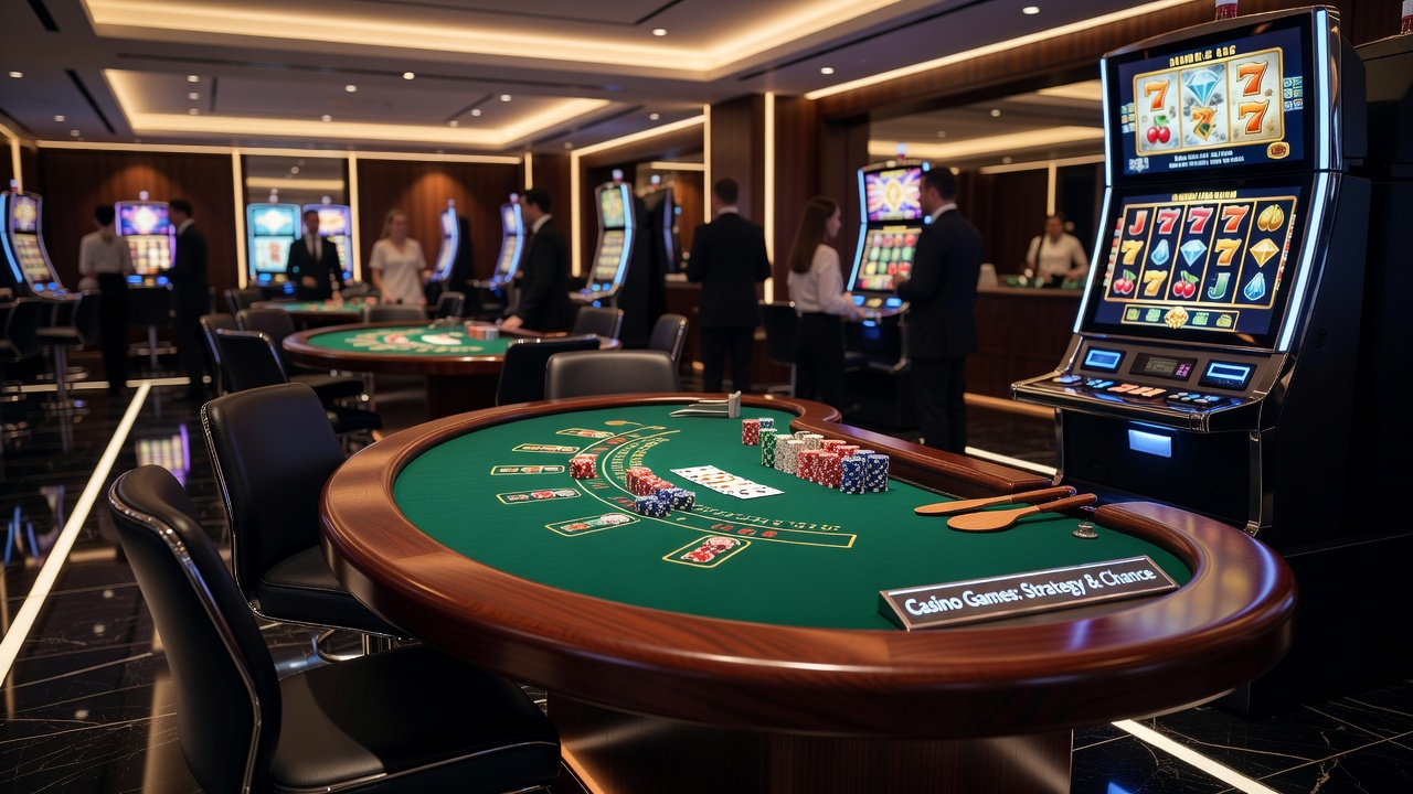 Overview of casino gaming floors with various table games and slot machines in operation