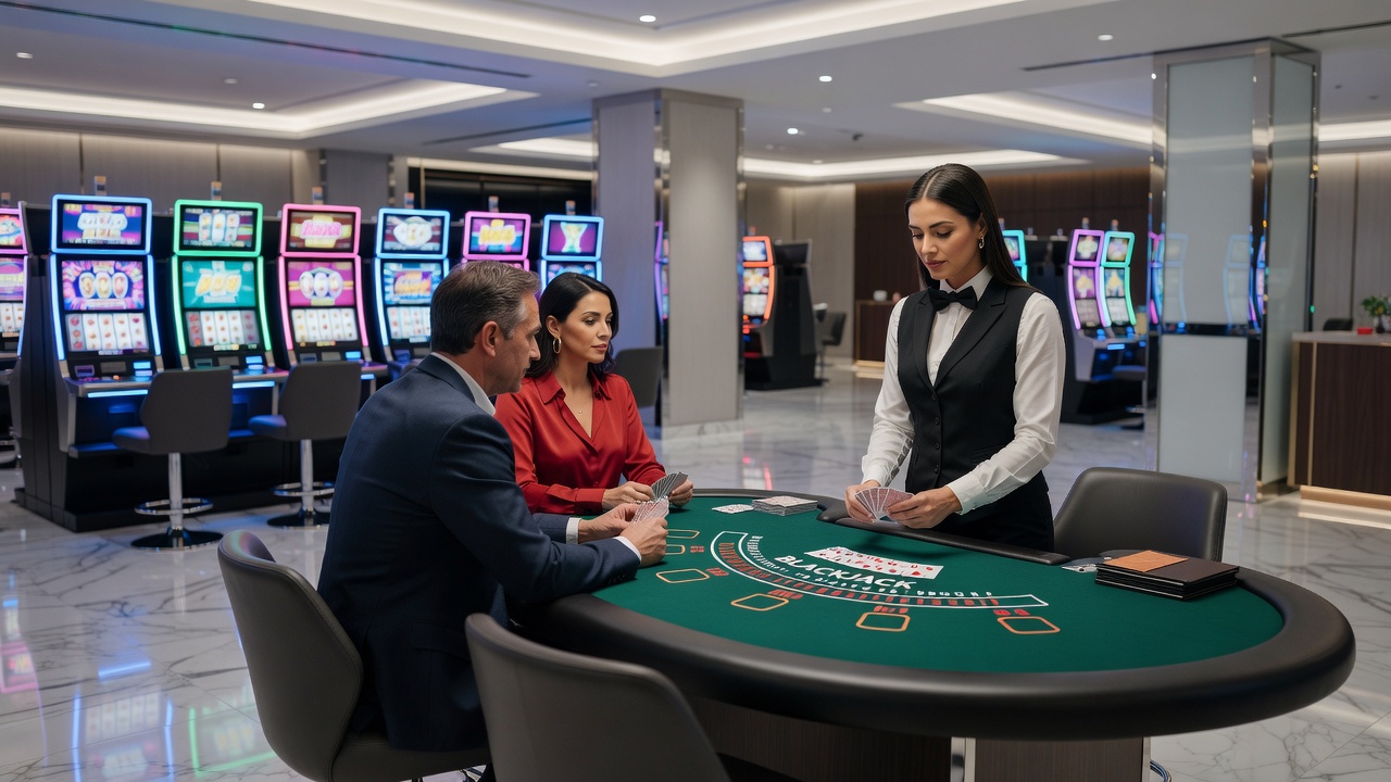 Close-up view of roulette wheel and blackjack table during active casino sessions
