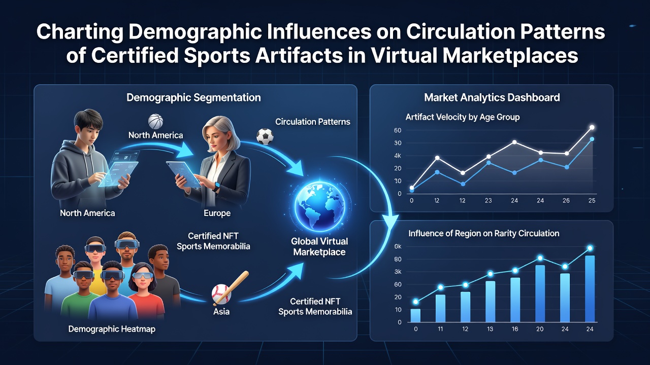 Demographic data overlays on digital trading platform interfaces showing certified sports artifact listings and user location markers