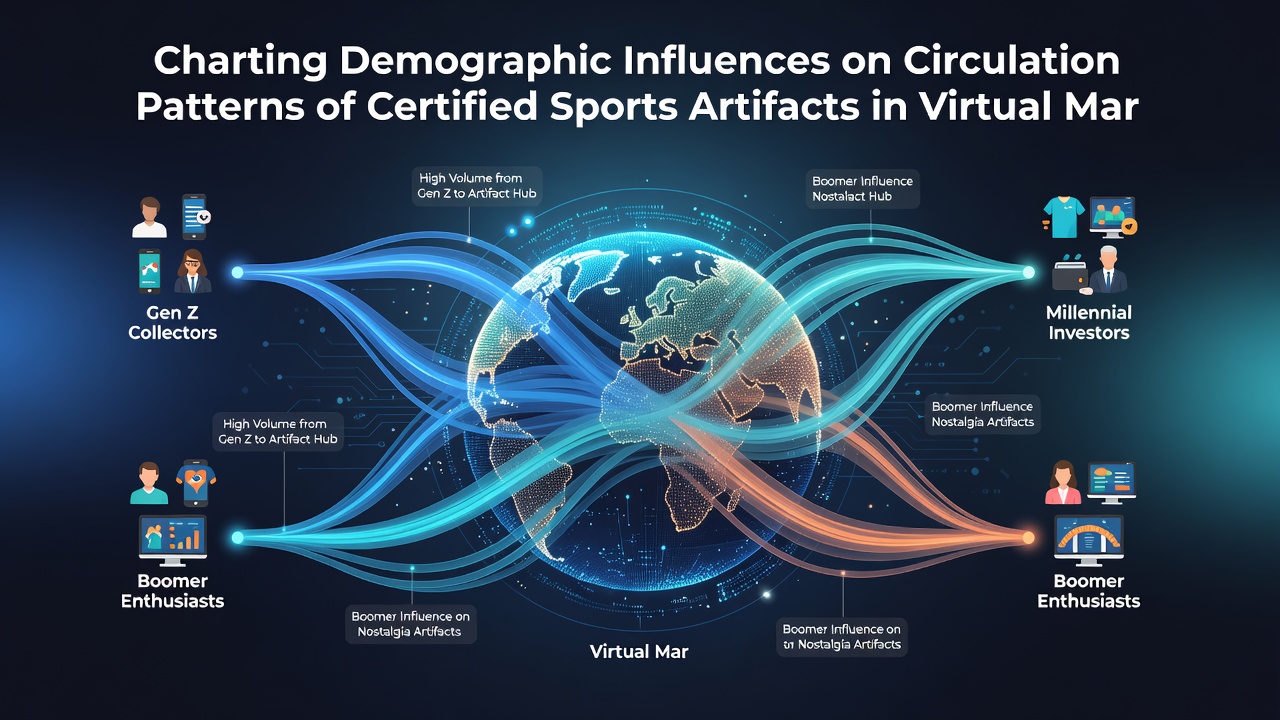 Charts displaying age and regional breakdowns of certified sports artifact buyers alongside circulation velocity graphs from virtual marketplace data