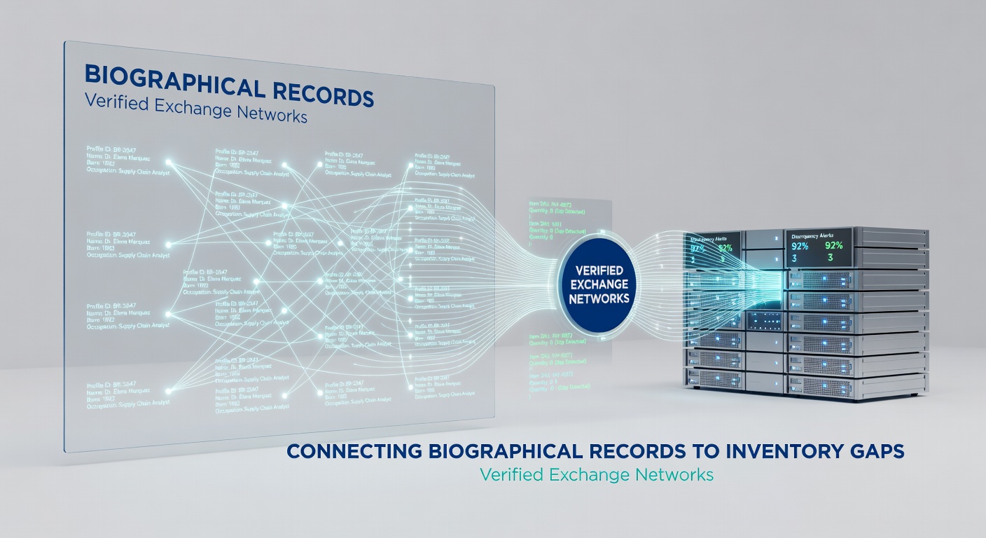 Network diagram showing biographical data flows into verified card exchange inventories