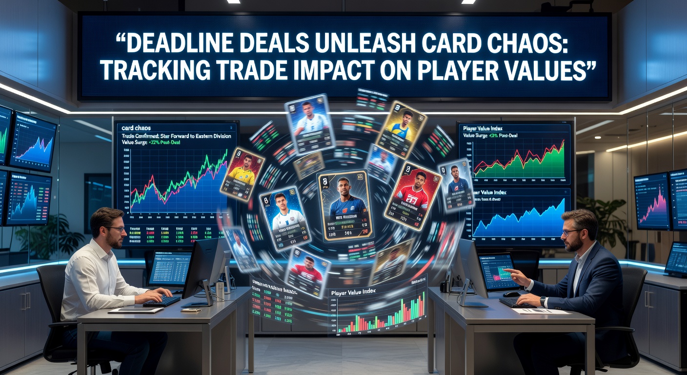 Dynamic auction graph displaying sharp spikes in player card values immediately following a major MLB trade deadline deal, with lines crisscrossing like market frenzy