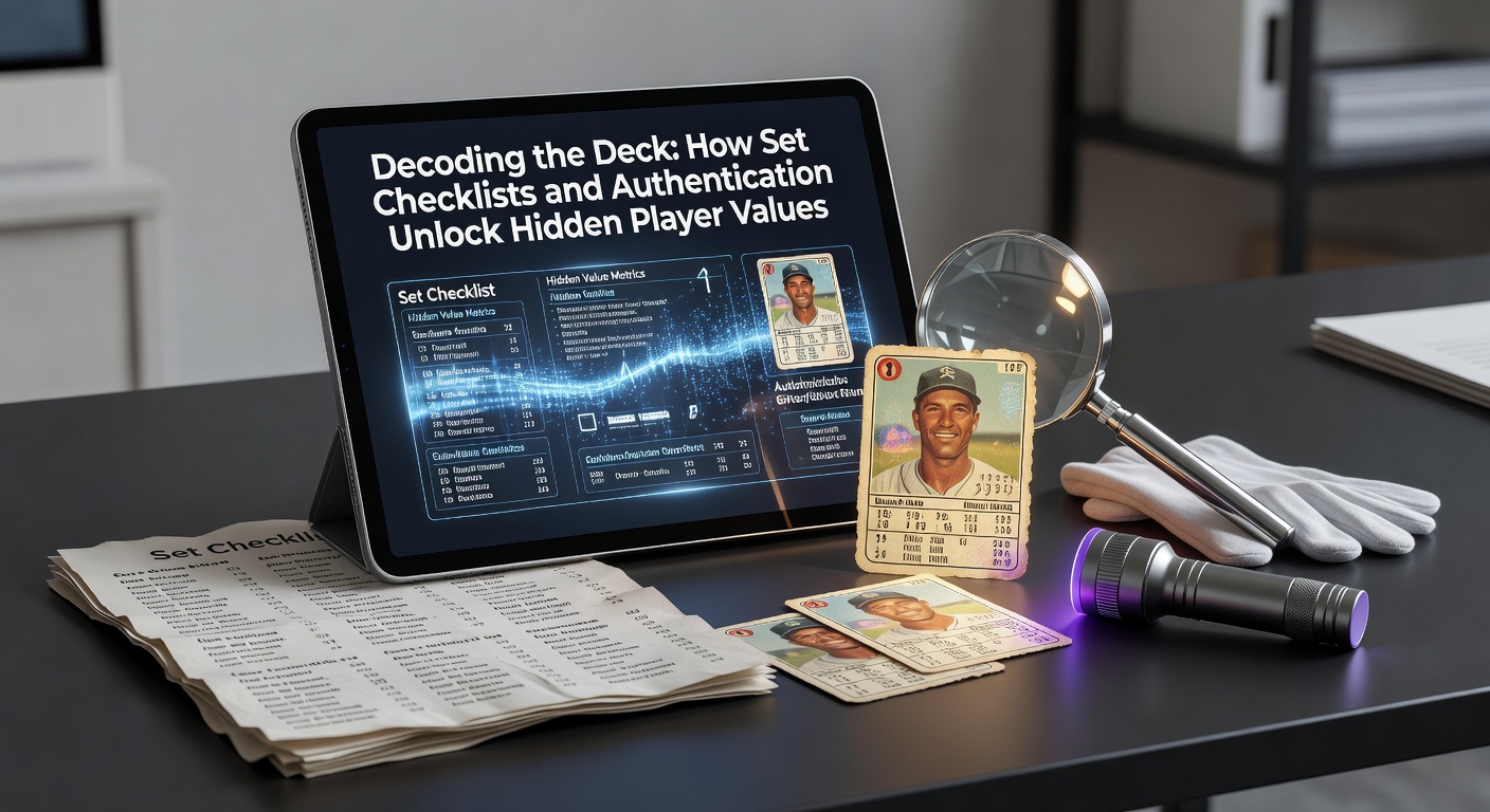 A detailed trading card set checklist spread across a table, highlighting rare inserts and player variations with authentication slabs nearby