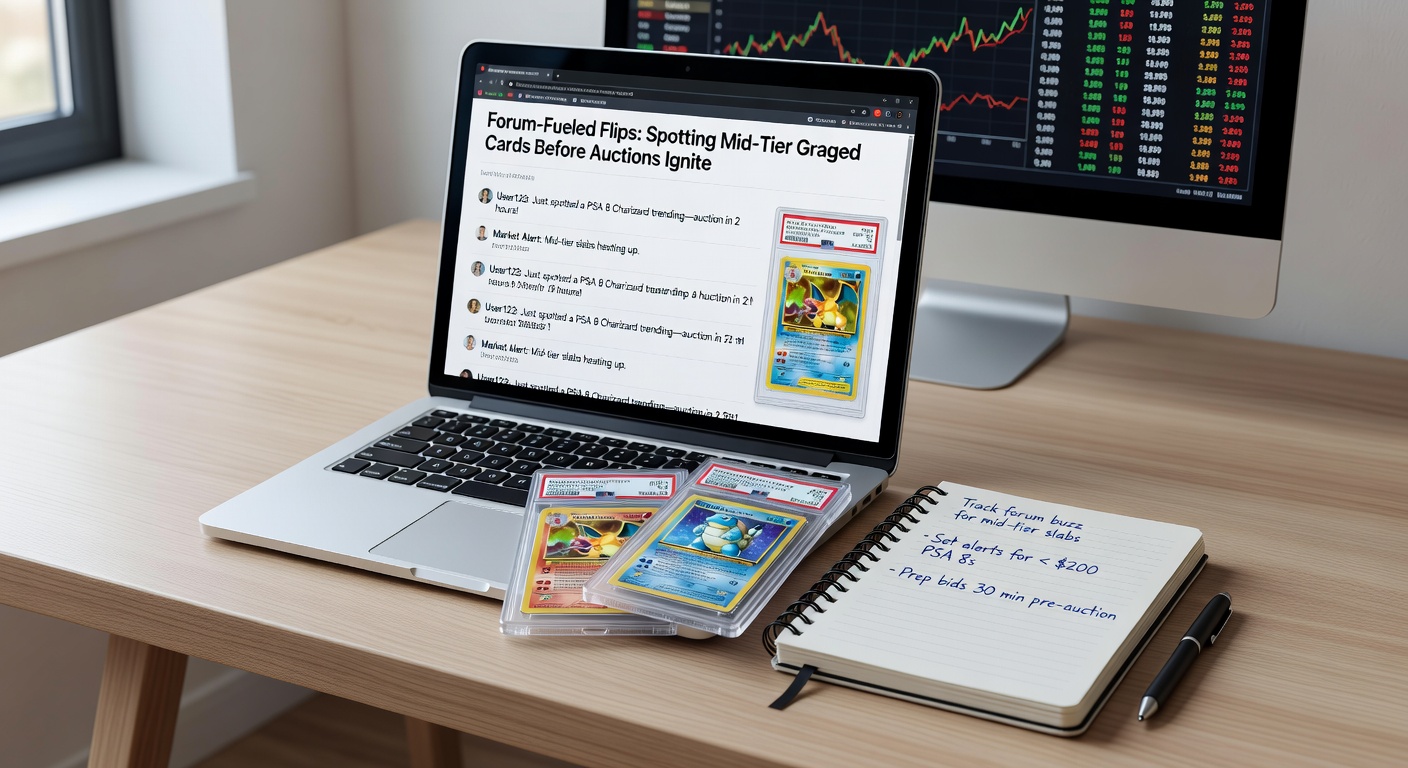 Screenshot of a bustling online forum thread discussing a mid-tier graded rookie card, with user comments, scans, and price predictions