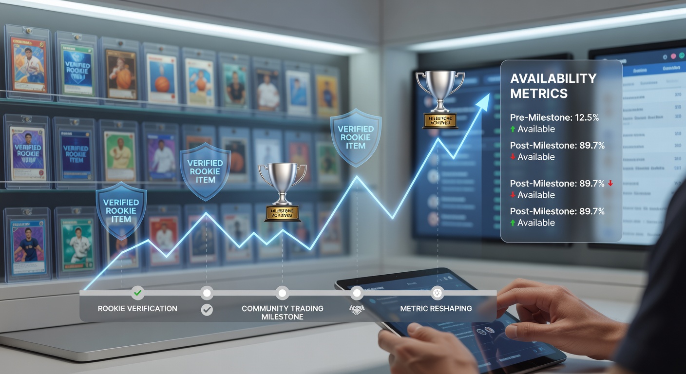 Verified rookie trading cards displayed in niche community marketplaces with availability metrics overlaid