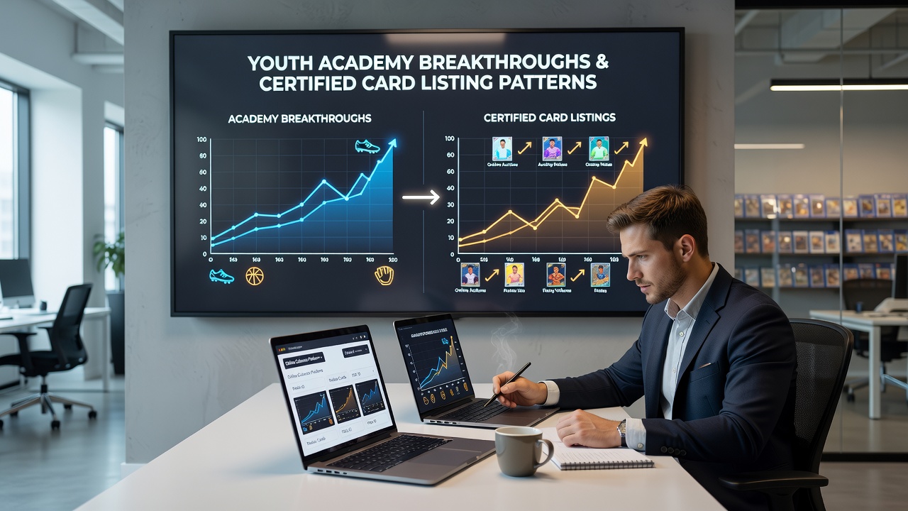 Certified sports cards from youth academy players listed on digital collector platforms with verification markers