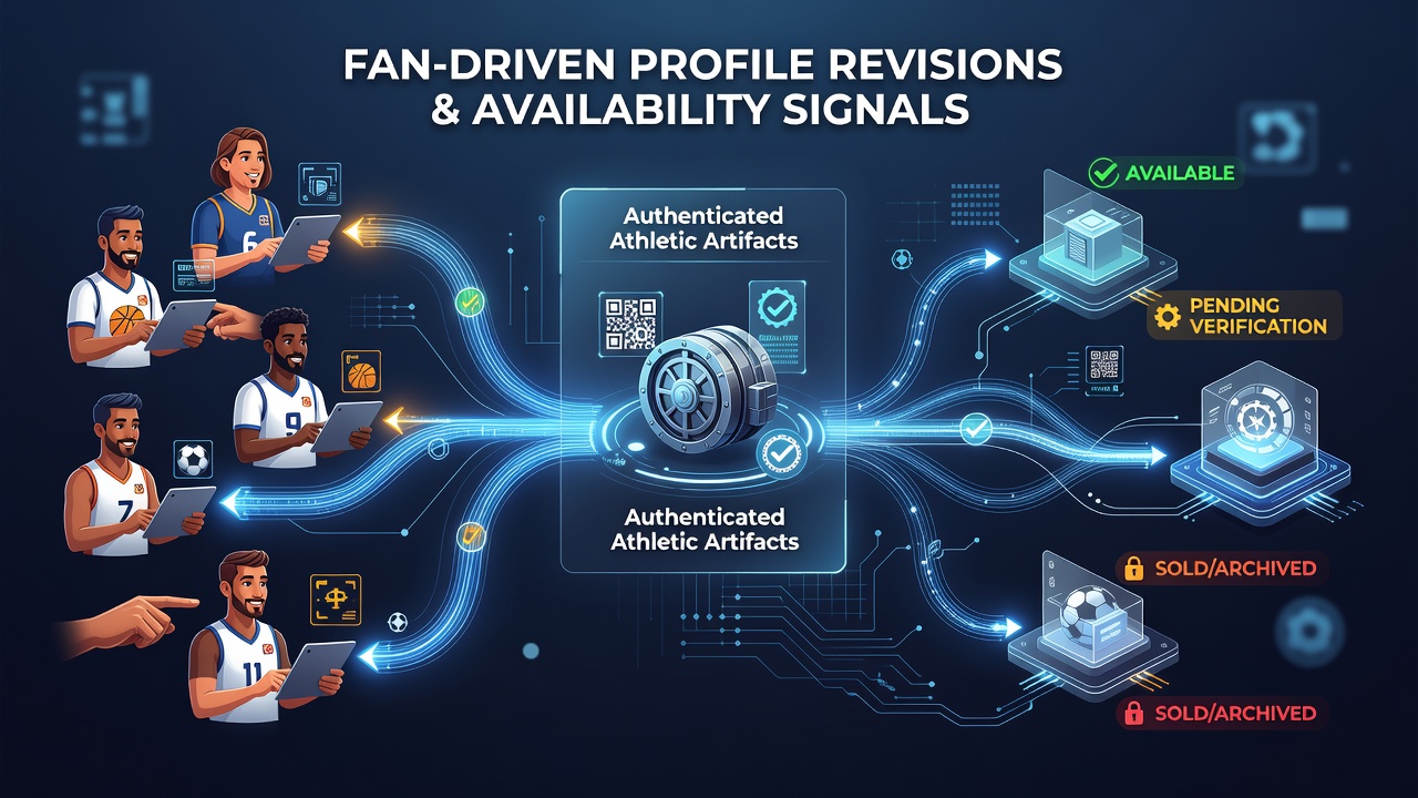 Digital interface showing fan-edited athlete profiles connected to collector marketplace listings for authenticated sports artifacts