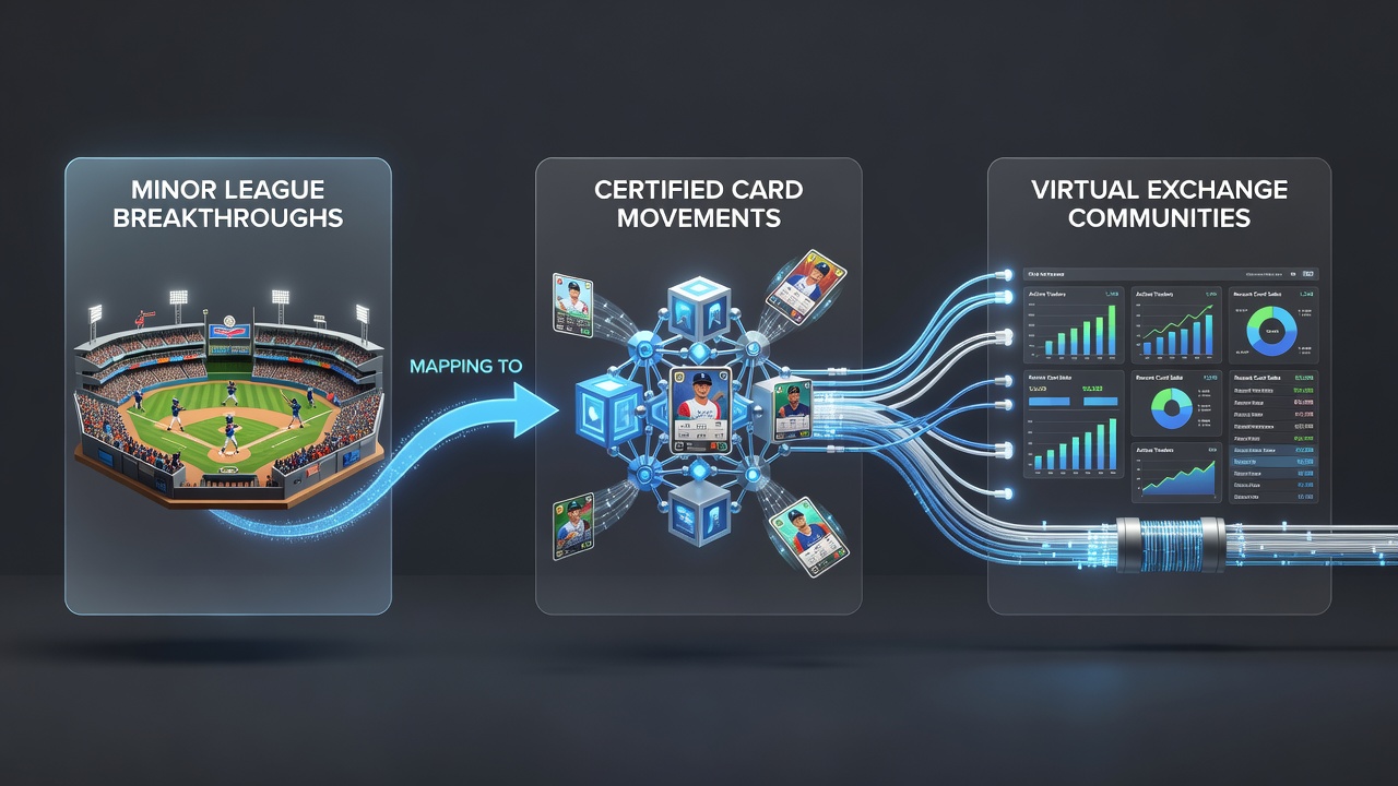 Digital exchange interface displaying certified card listings alongside minor league performance statistics and availability metrics