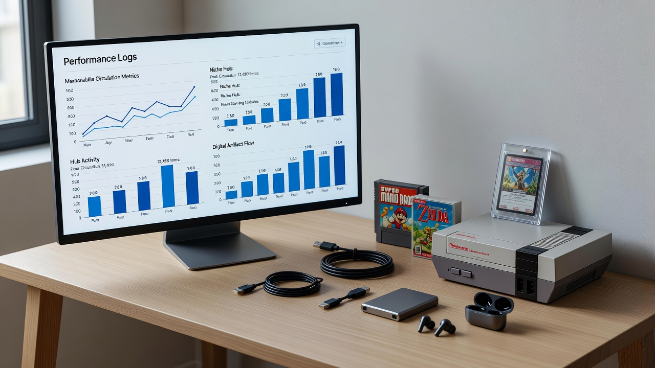 Digital performance monitoring dashboard showing log data streams connected to virtual item exchanges in online communities