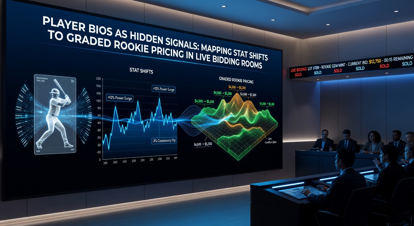 Auction room scene showing bidders tracking player stat changes on live screens during graded rookie card sales