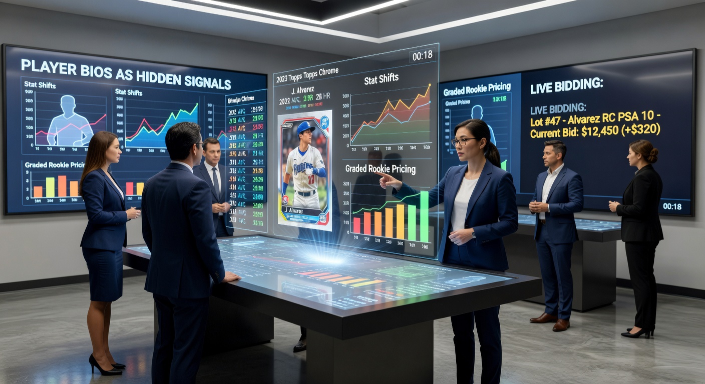 Close-up of a bidder reviewing detailed player bio statistics next to a graded rookie card lot on a digital auction interface