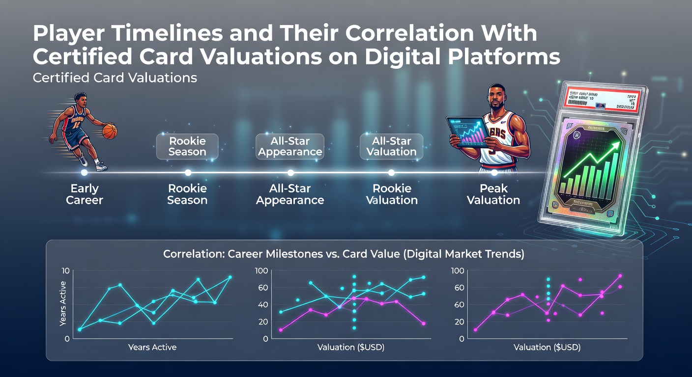 Digital platform dashboard displaying player career timelines alongside certified card price trends