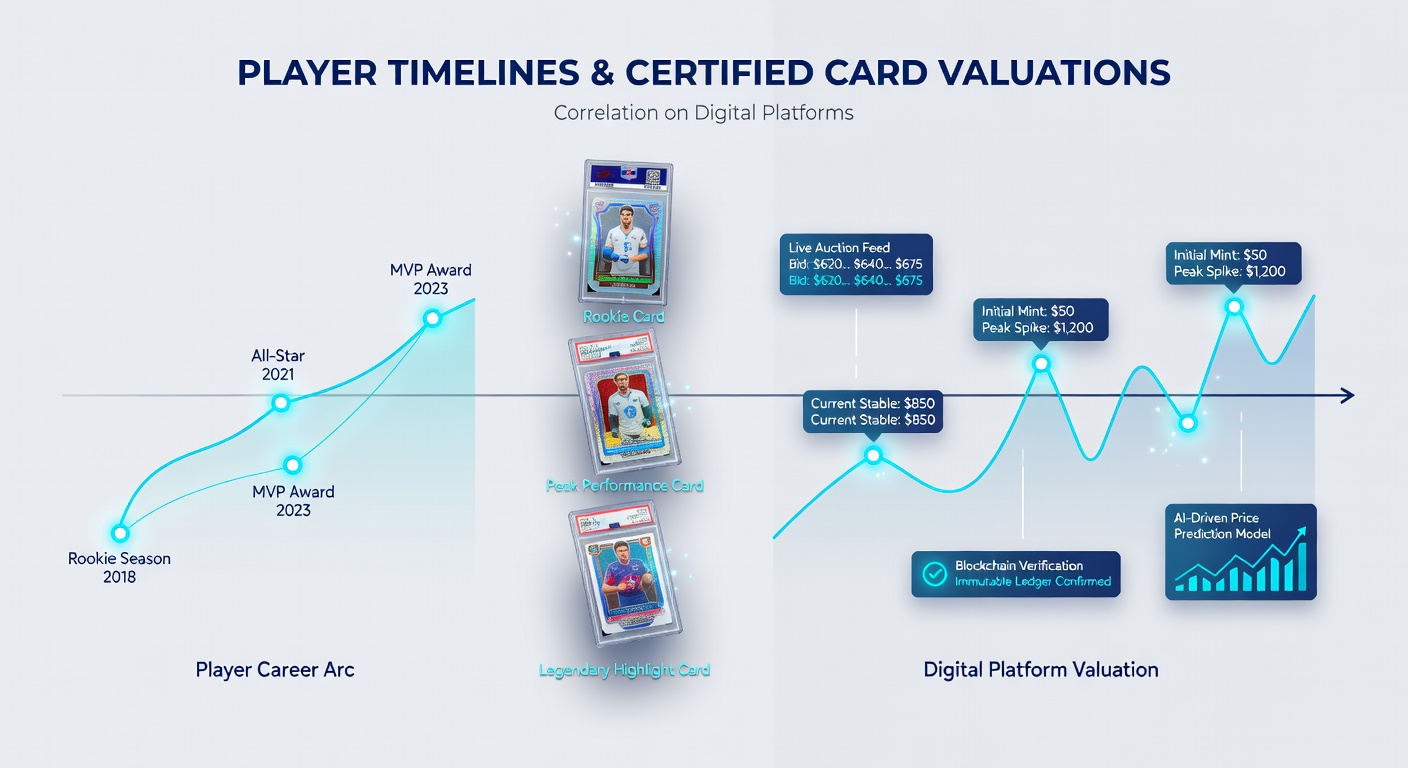 Timeline graph overlaying athlete milestones with certified card auction results on a digital trading platform