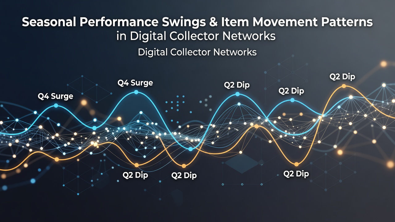 Digital collector network interface displaying seasonal item movement trends and performance metrics
