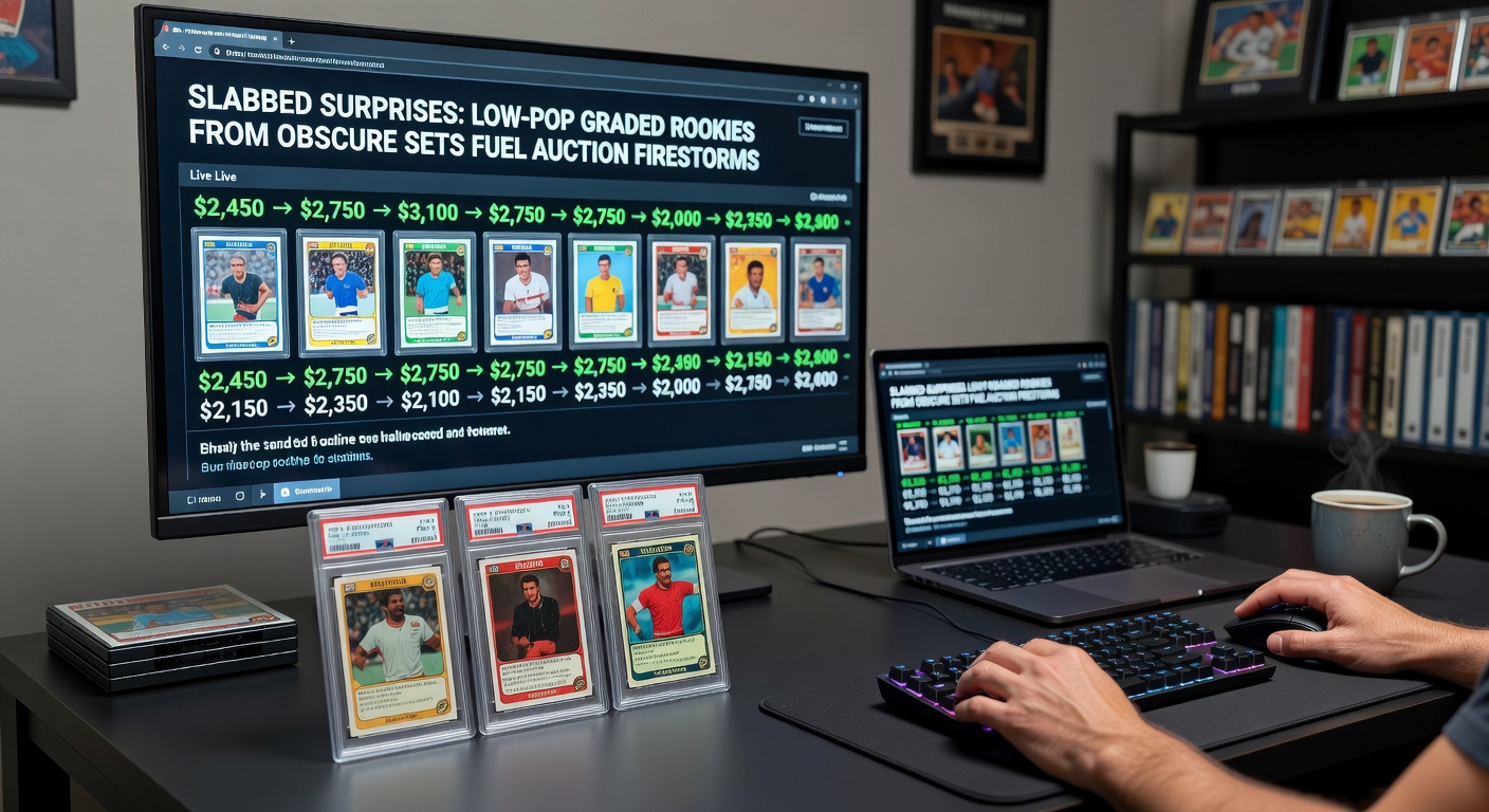 Auction screen capture from April 2026 showing real-time bidding frenzy on a low-pop graded rookie card from a 1990s team-issued set, with price climbing past $200,000